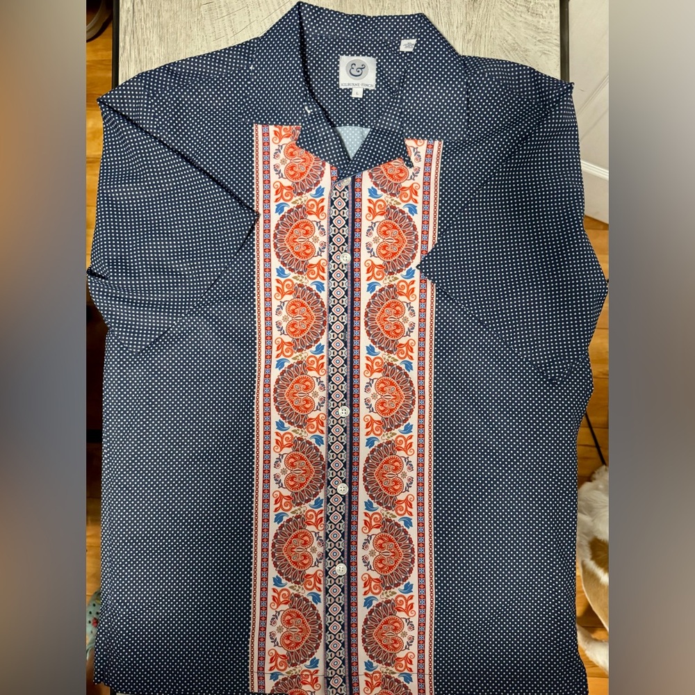 Kilburne and Finch Men’s Button-Up Short Sleeve Blue Multi-Color Shirt Large